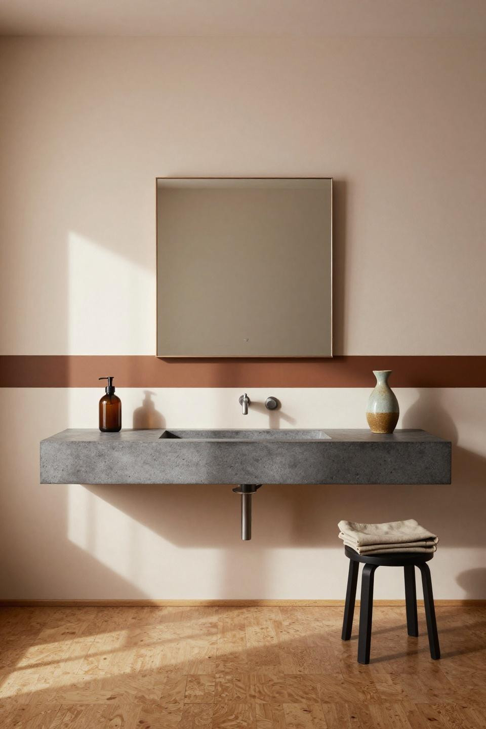 Nordic Bathroom - teak slatted medicine cabinet above concrete sink