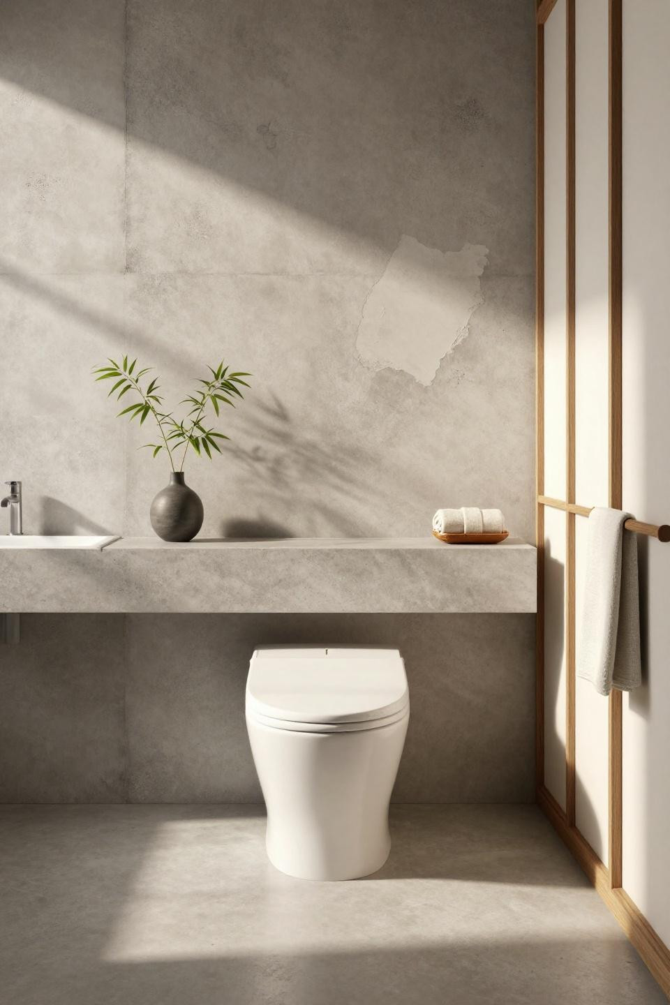 Japandi Bathroom Ideas - floating teak vanity with integrated concrete countertop