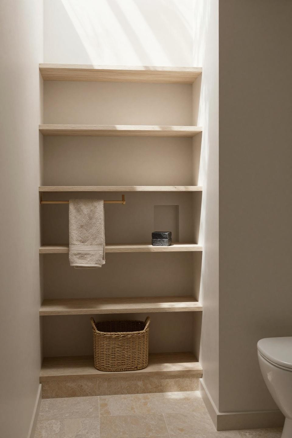 Wabi Sabi Bathroom - pale ash open shelving with floating teak divider