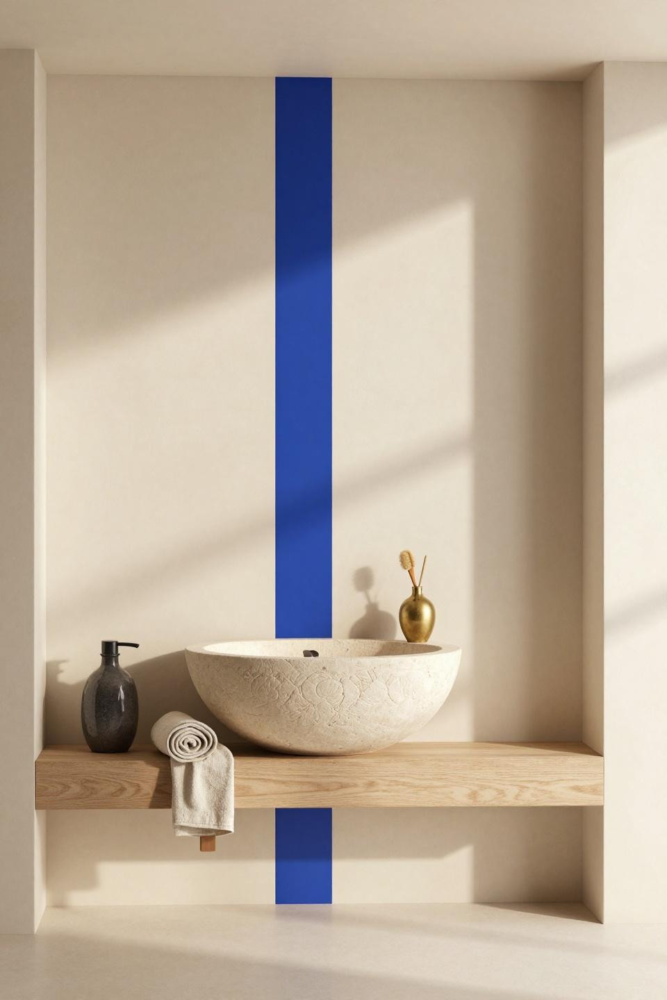 Japandi Bathroom Ideas - carved pale stone basin set into teak wall system