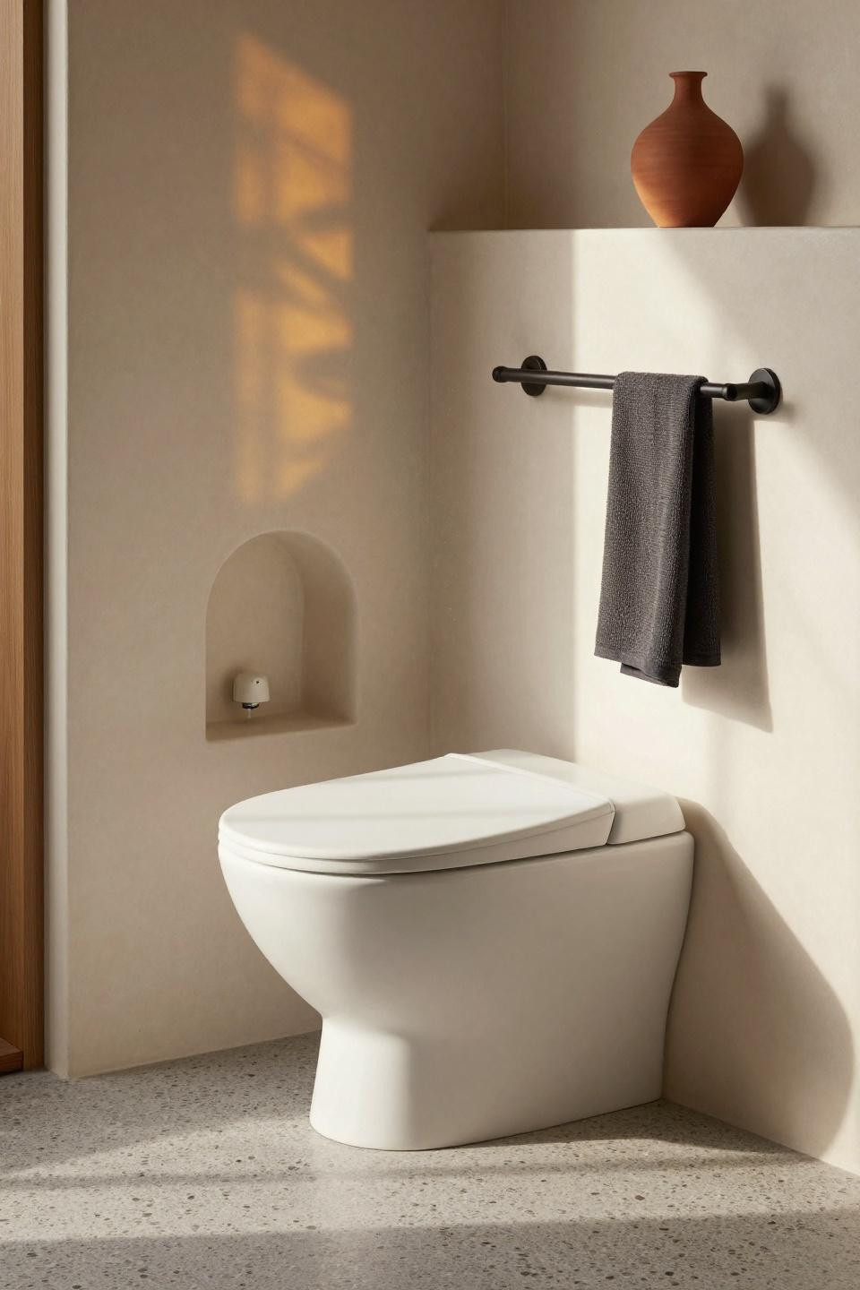 Japandi Bathroom Ideas - wall-hung ceramic toilet with integrated bidet in eucalyptus niche