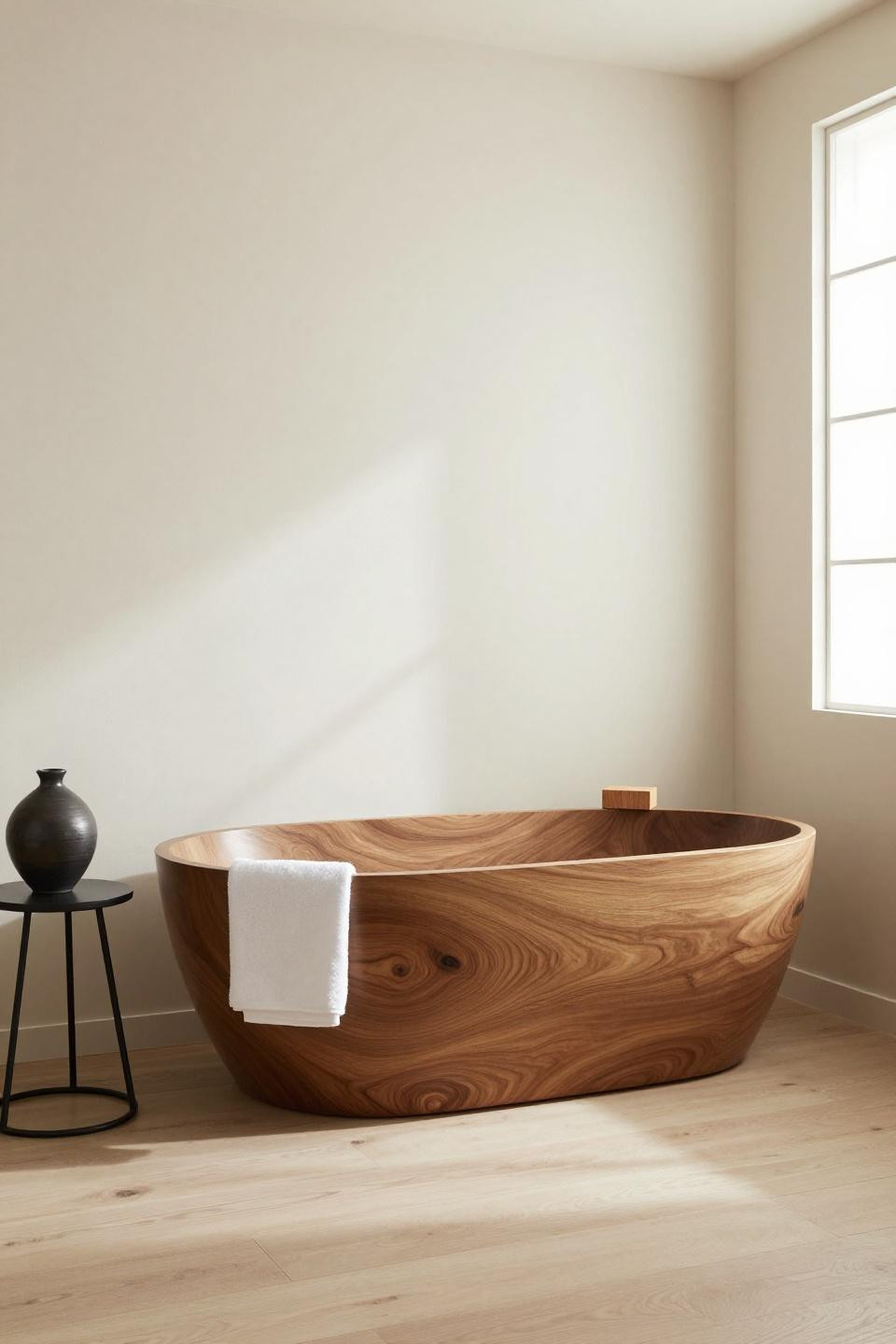 Japandi Bathroom Ideas - freestanding sculptural walnut soaking tub with visible grain