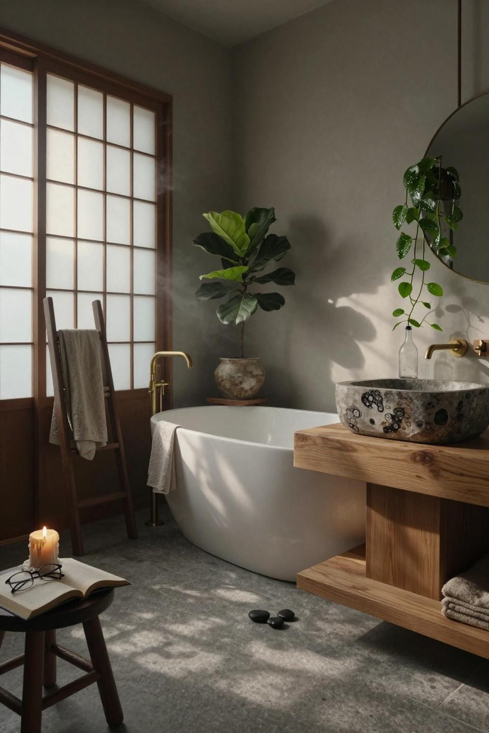 Japandi bathroom with travertine sink and hinoki wood vanity