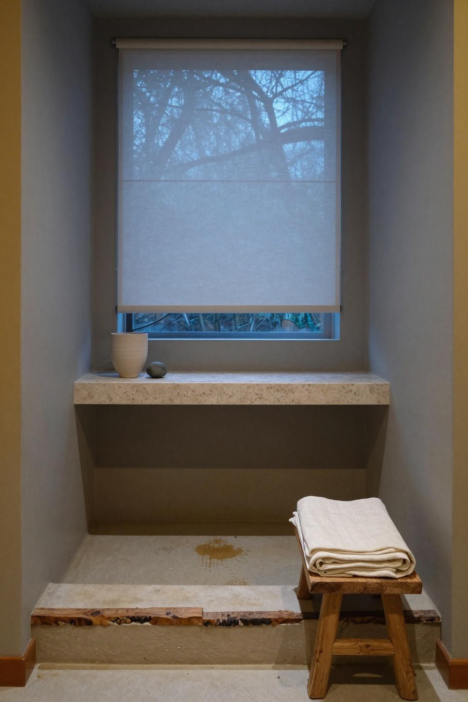 Wabi sabi bathroom - sunken cypress bath in hand-troweled clay nook