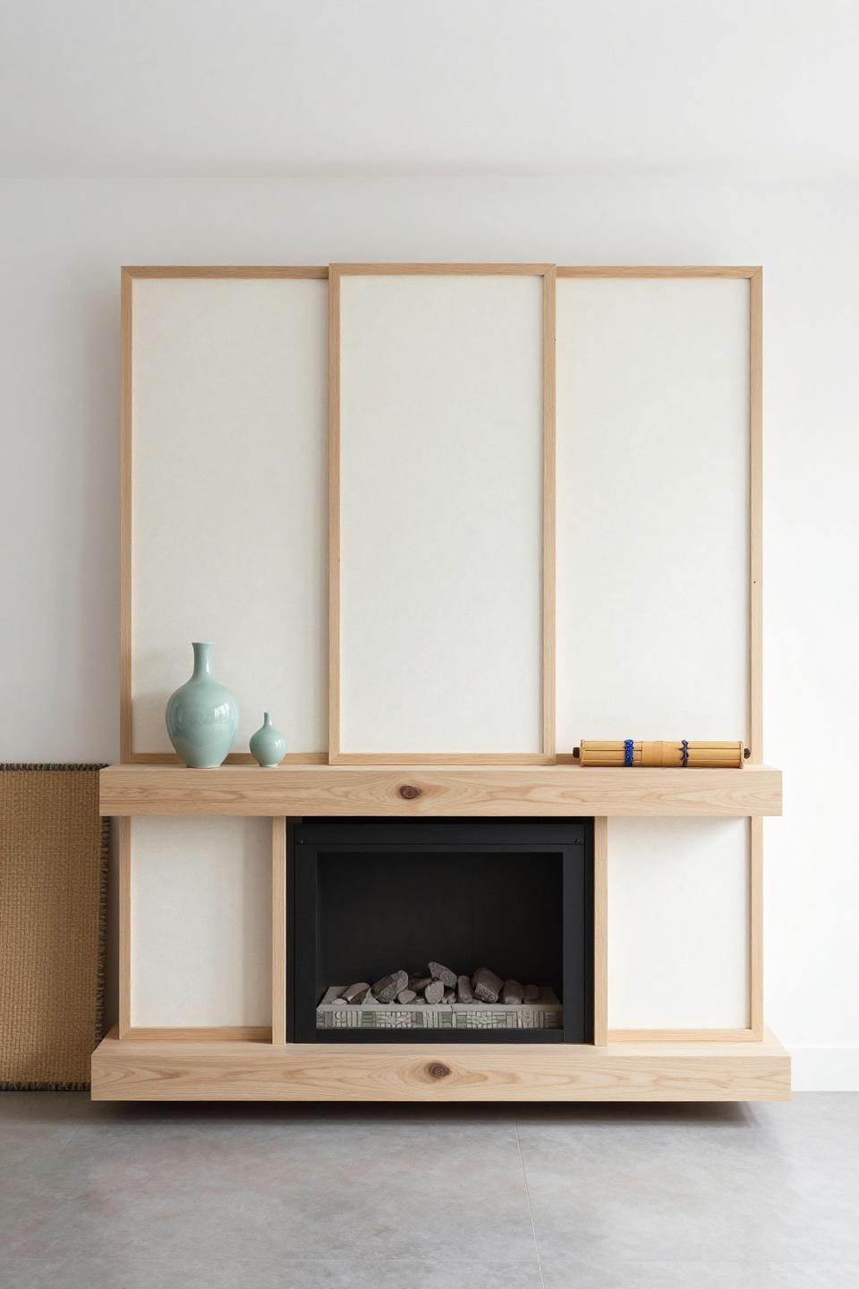 Mantlepiece Styling - rice paper panel japandi fireplace