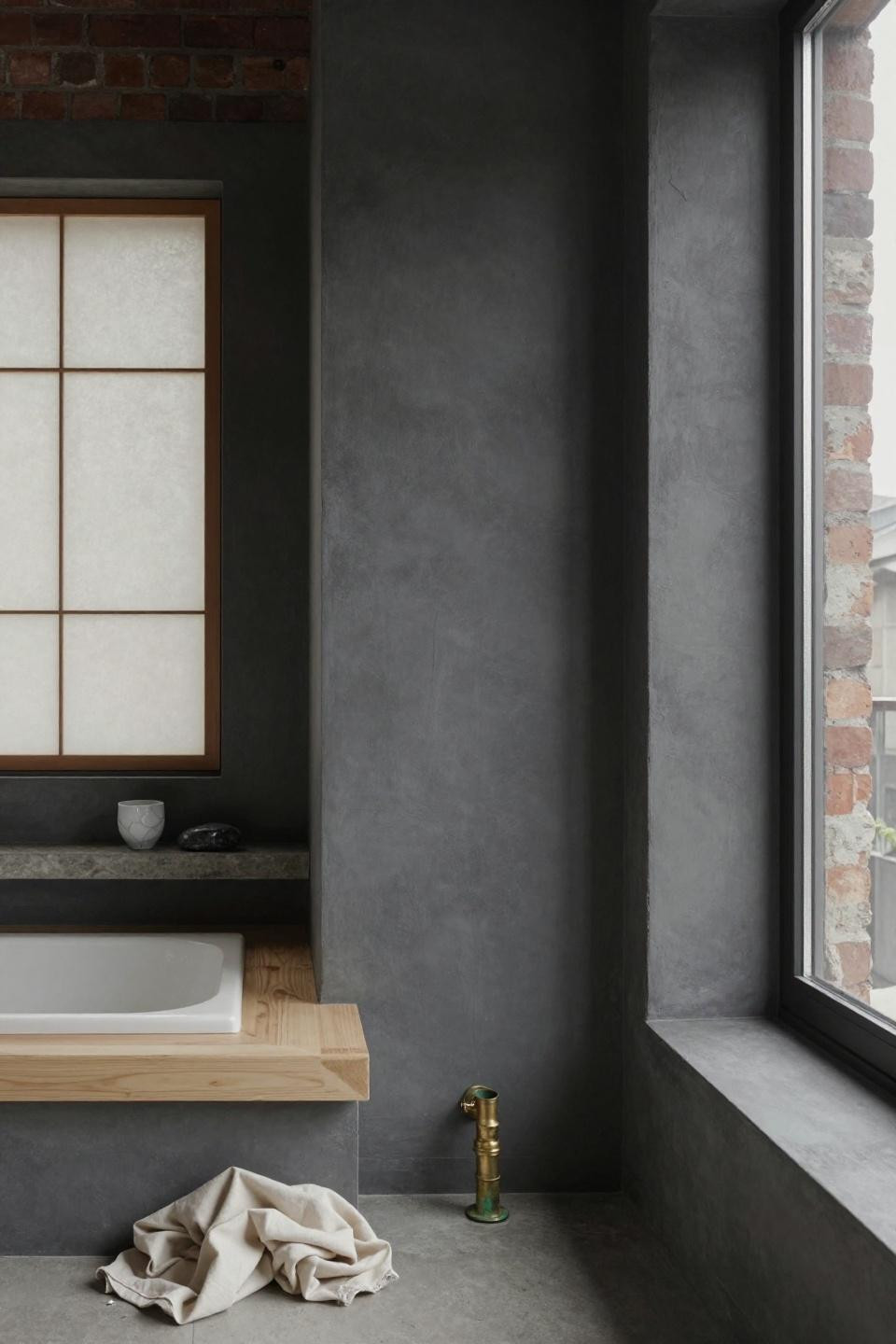 Japandi bathroom - hinoki wood soaking tub in limewashed alcove