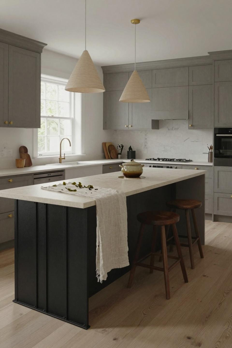 Scandi kitchen design - natural ash cabinetry with pale limestone waterfall island