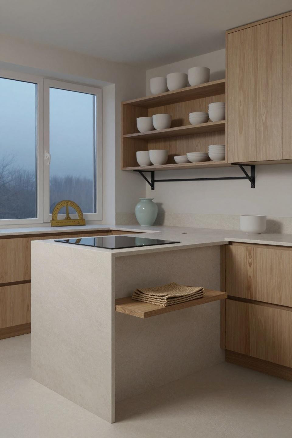 Japandi interiors - blonde ash cabinetry with pale travertine waterfall island