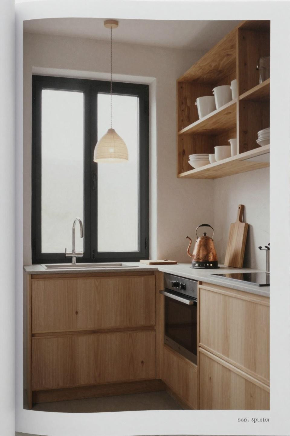 Scandinavian kitchen design - pale birch integrated cabinetry with honey-toned open shelving