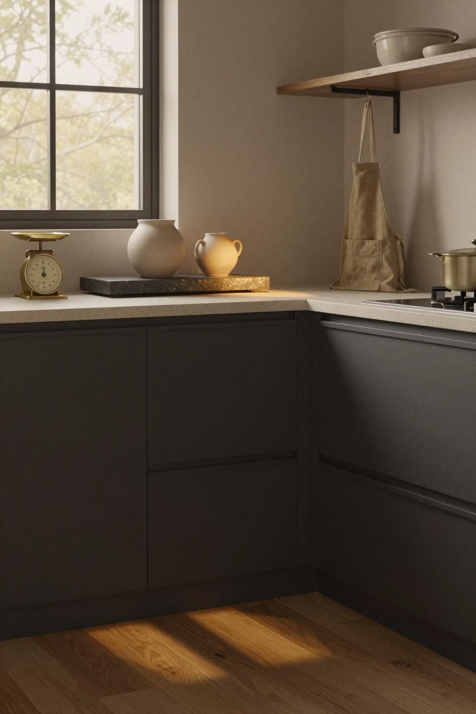 Japandi style kitchen - deep charcoal lower cabinetry with pale limestone counter and floating ash shelf