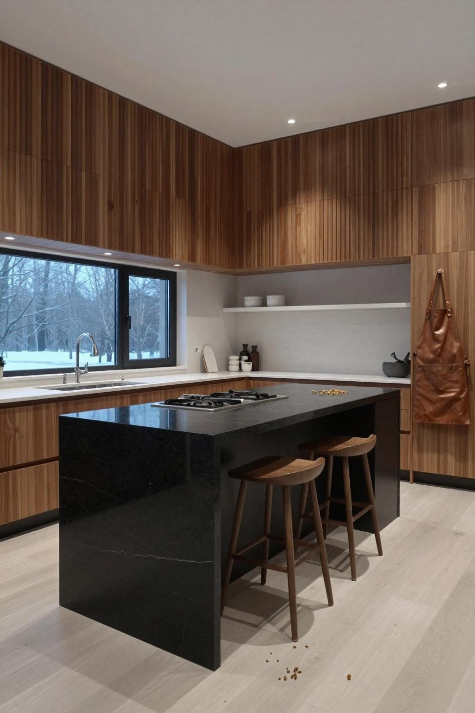 Nordic kitchen design - dual island layout with honed black granite and ash prep counter