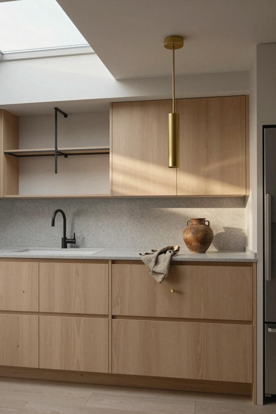 Japandi kitchen island - pale eucalyptus plywood with soft grey terrazzo counter