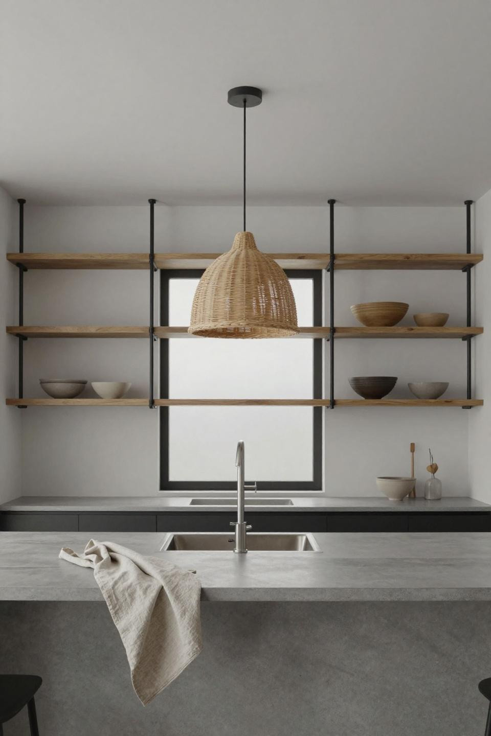 Wabi sabi kitchen - ceiling-to-counter blackened steel rod system with floating ash wood shelves