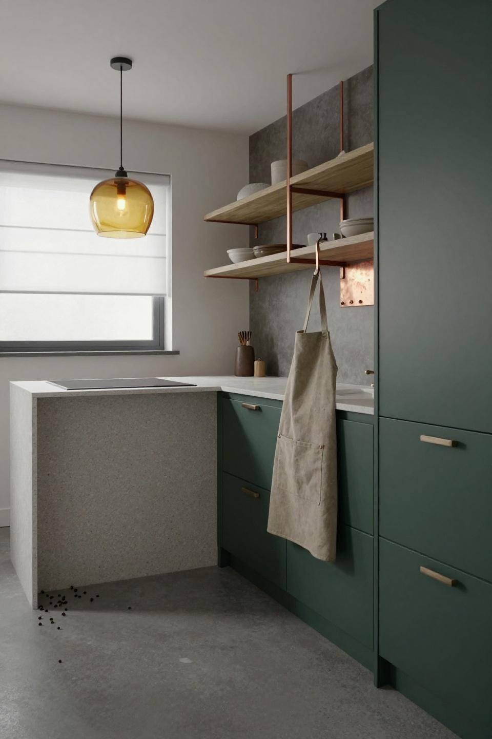 Japandi style kitchen - forest green lower cabinets with light ash open shelving