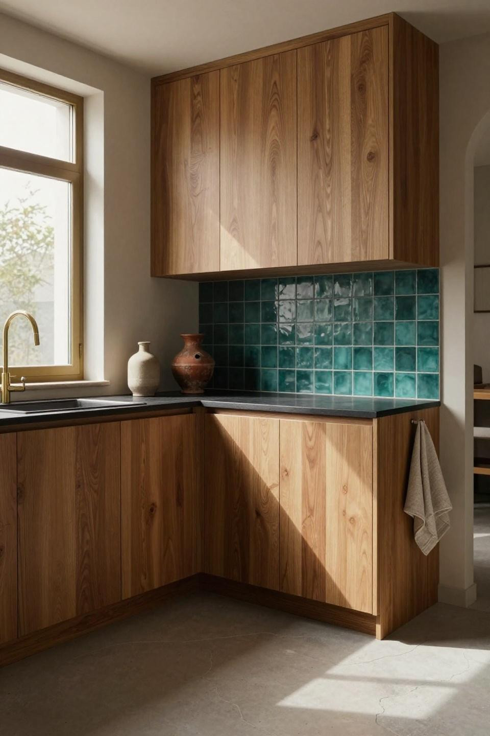 Scandi kitchen design - honey-blonde oak cabinetry wrapping corner with blackened steel countertop