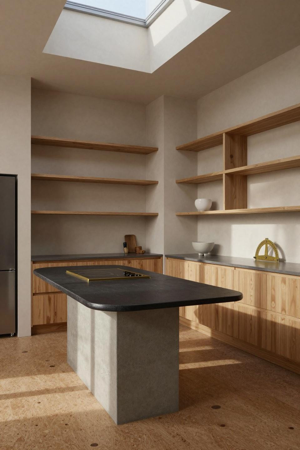 Modern Scandinavian kitchen - hinoki wood floor-to-ceiling shelving with blackened steel island