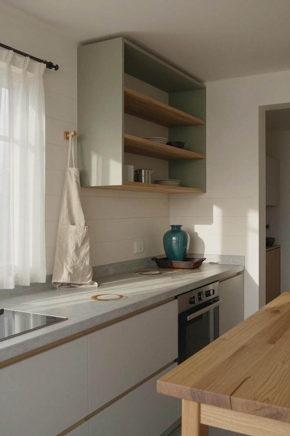 Japandi interiors - light olive wood open shelving above pale grey concrete countertop