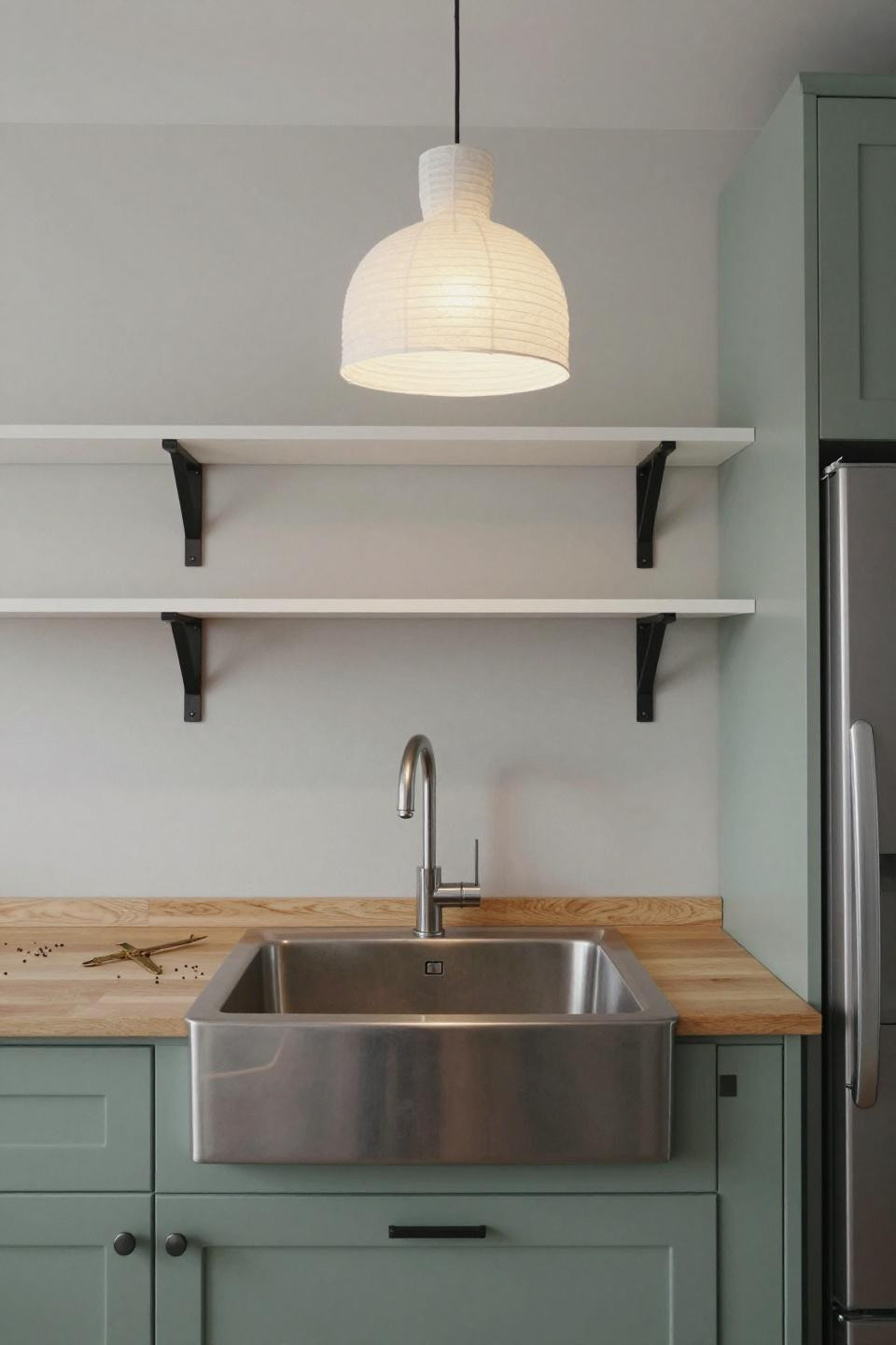 Minimalist kitchen design - sage green lower cabinets with white open shelving and oak butcher block