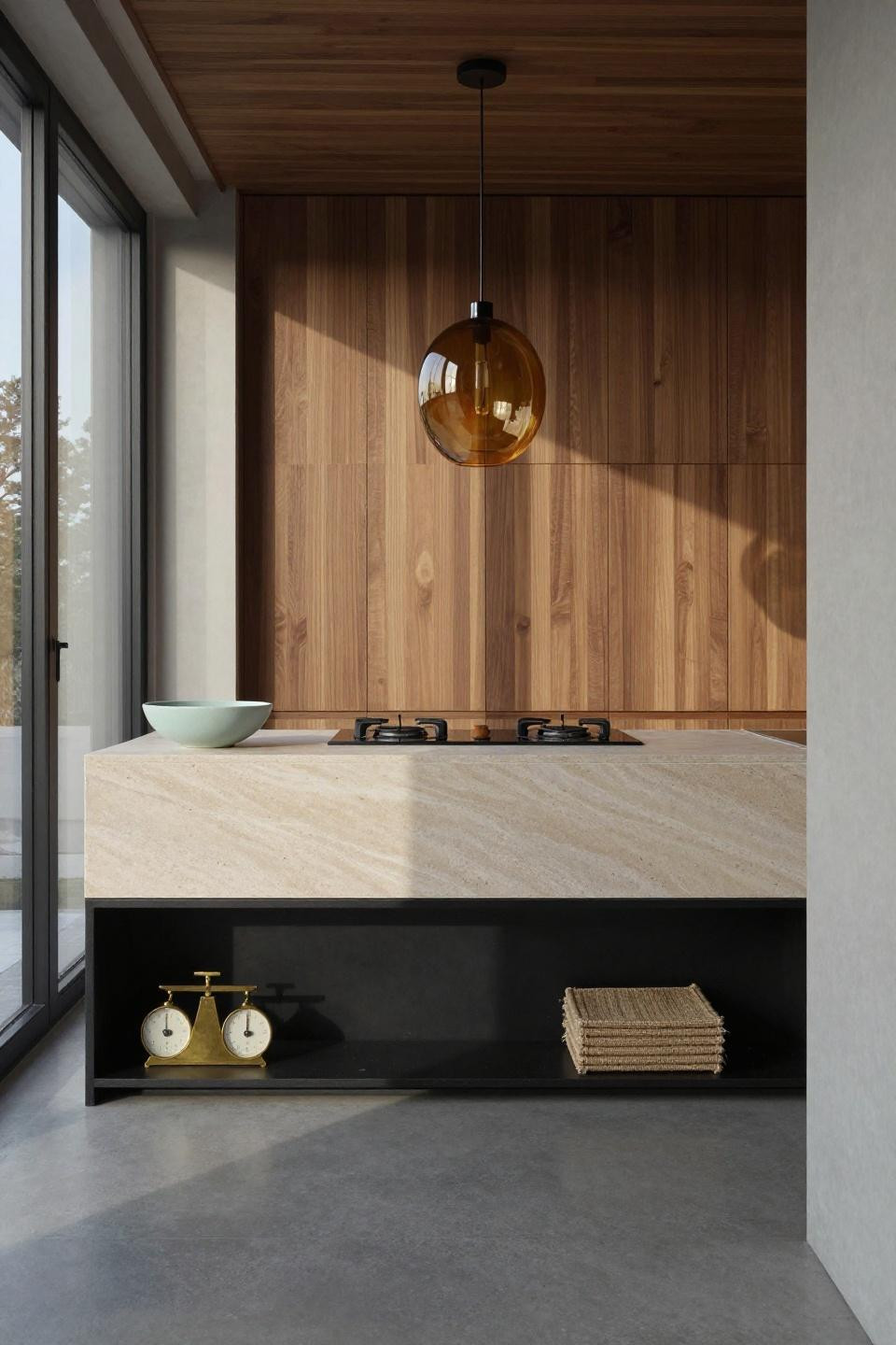 Modern minimalist kitchen - floor-to-ceiling teak slat wall with flush integrated cooktop