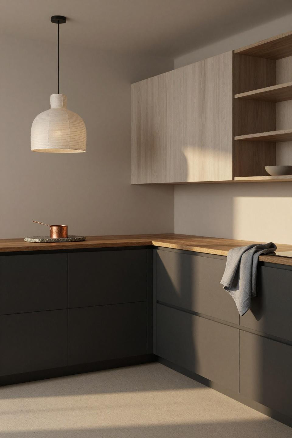 Japandi kitchen island - walnut prep counter floating from far wall with no visible support