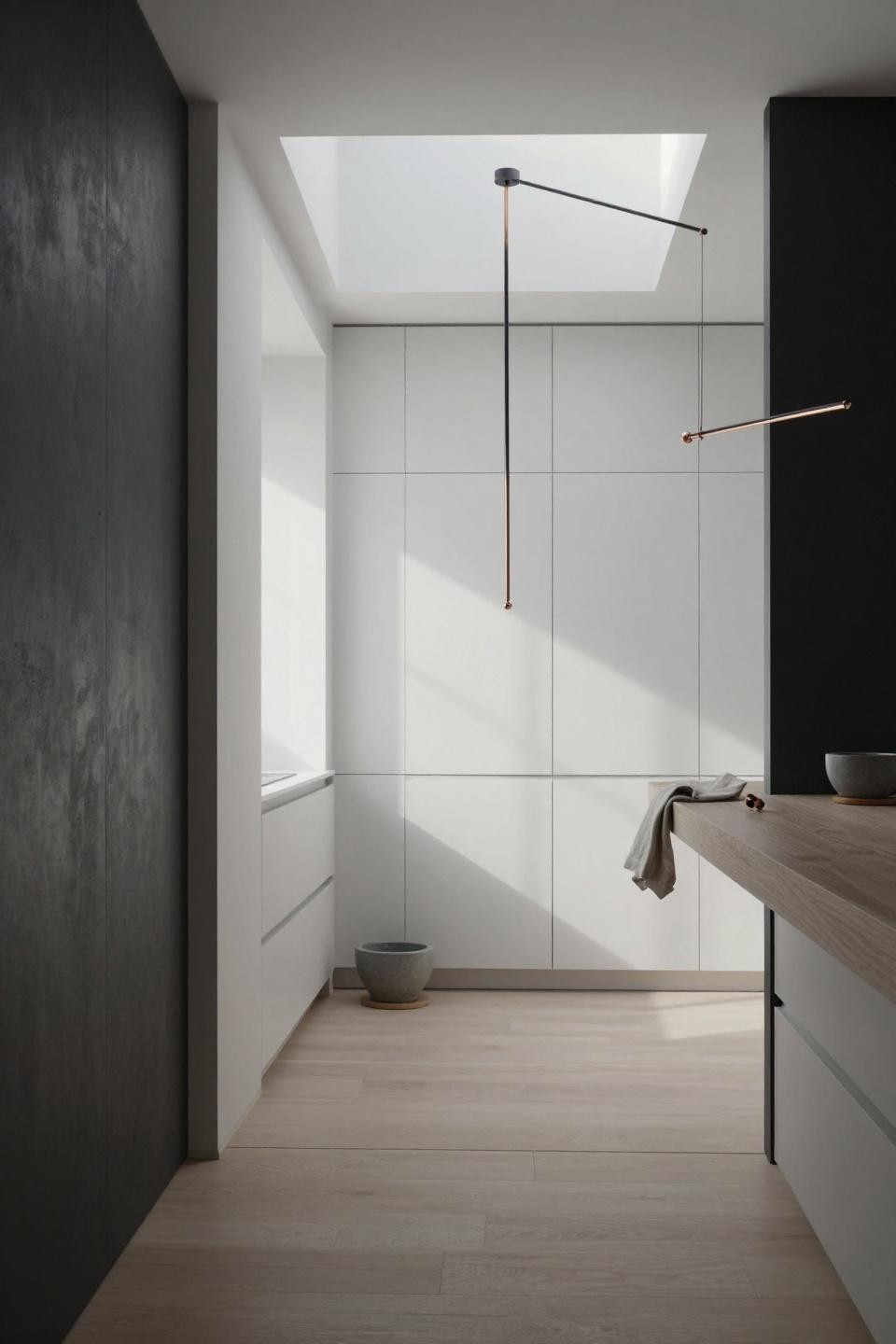 Modern Scandinavian kitchen - fog-white lacquered cabinetry with pale ash wood cantilevered counter