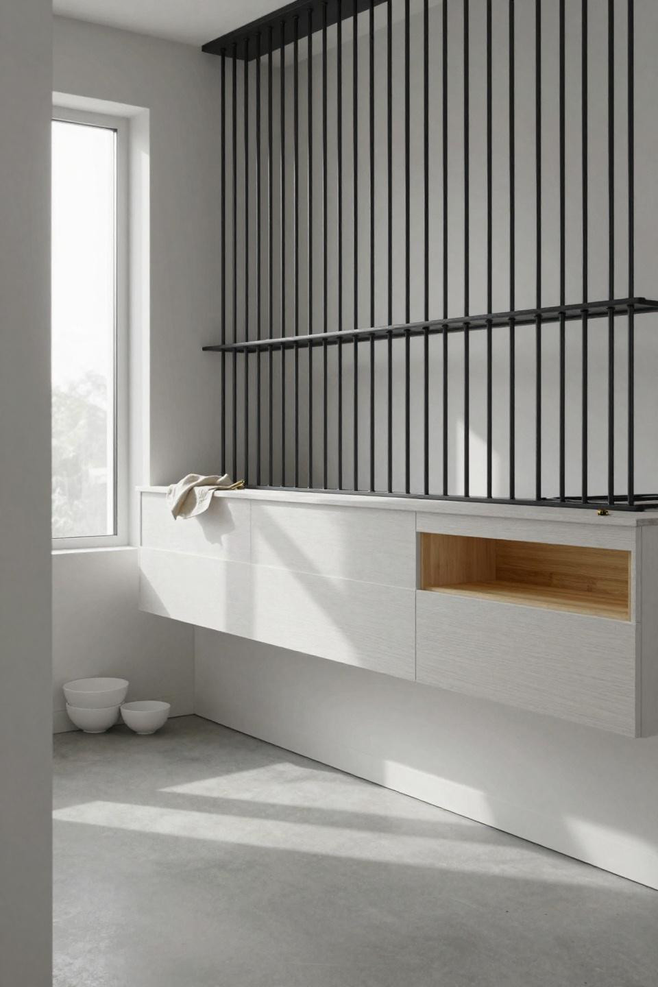 Nordic kitchen design - white oak floating counter with blackened steel vertical rod system