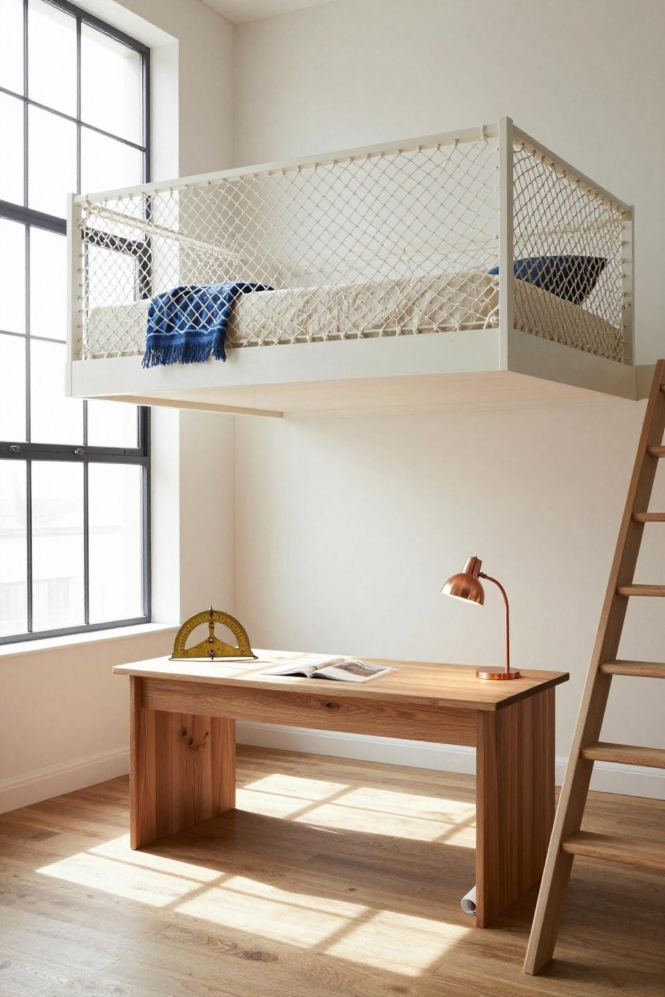 Loft Bed Inspo - Japandi loft bed with rope netting