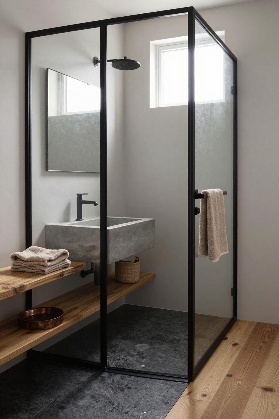 Small Master Bath - blackened steel-framed glass wet room with weathered cypress shelf