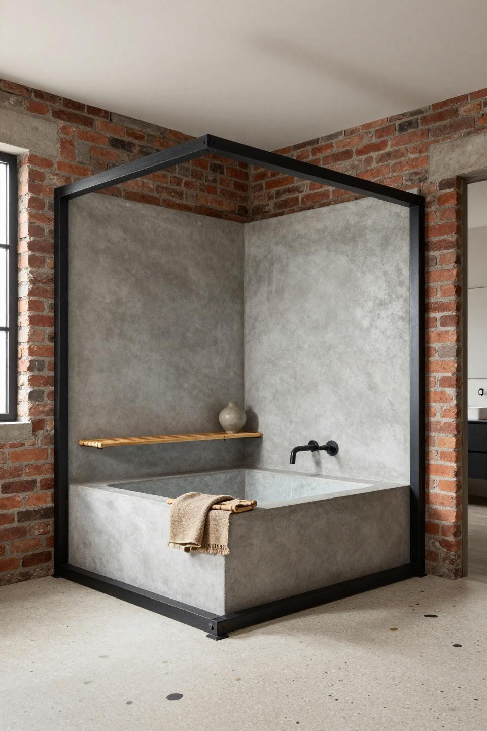 Master Bath Inspiration - monolithic poured concrete soaking tub with blackened steel frame
