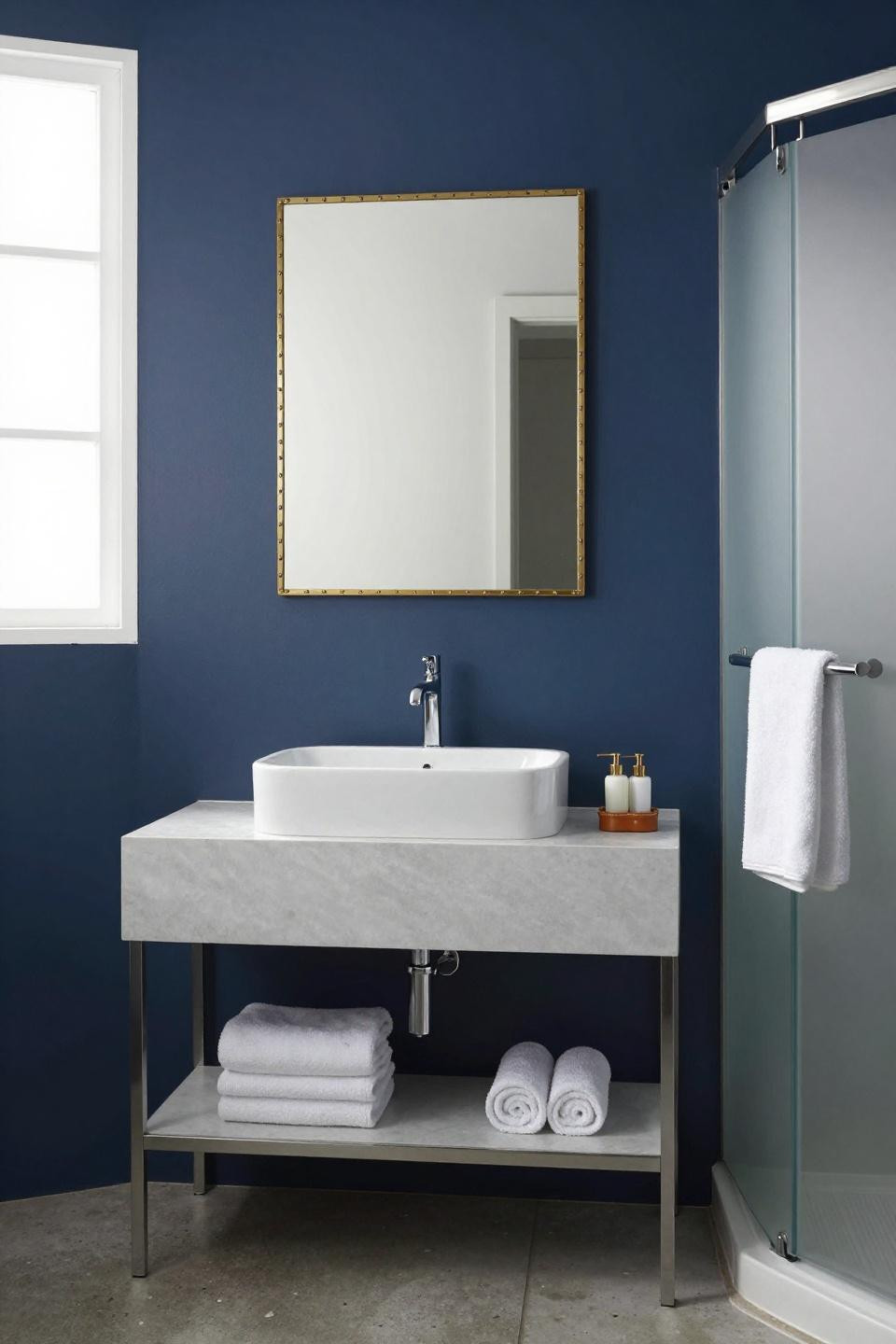 Small Master Bath - pale ash floating vanity with white marble vessel sink against deep blue limewash