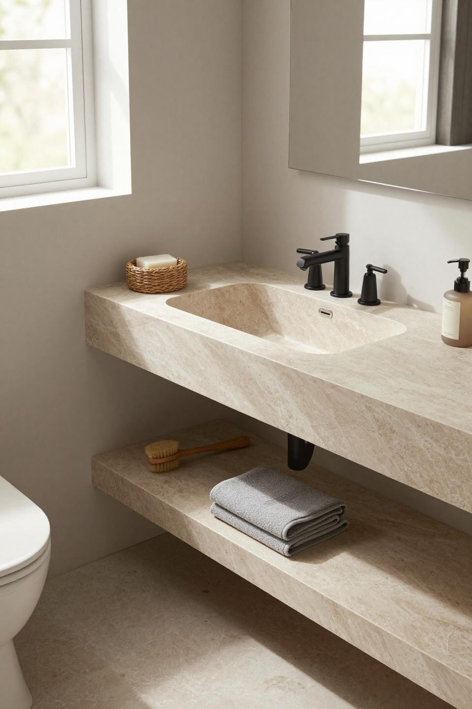 Master Bath Remodel - pale ash floating vanity with limestone trough sink