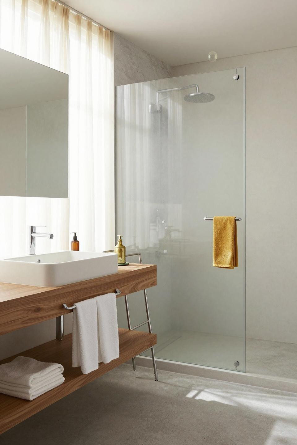 Small Master Bath - floating walnut vanity with integrated white quartz trough sink in wet room
