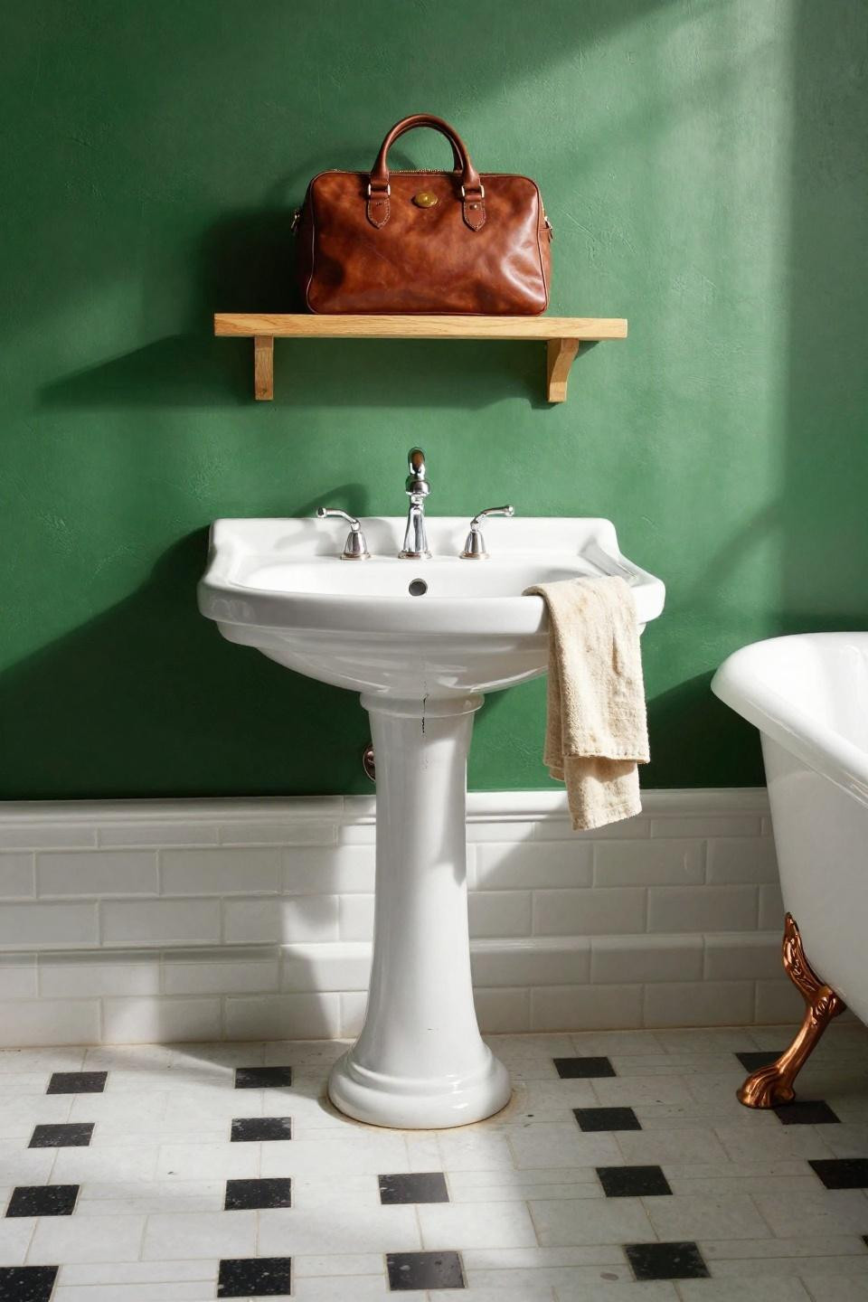 Small Master Bath - vintage white porcelain pedestal sink against deep forest green limewash wall