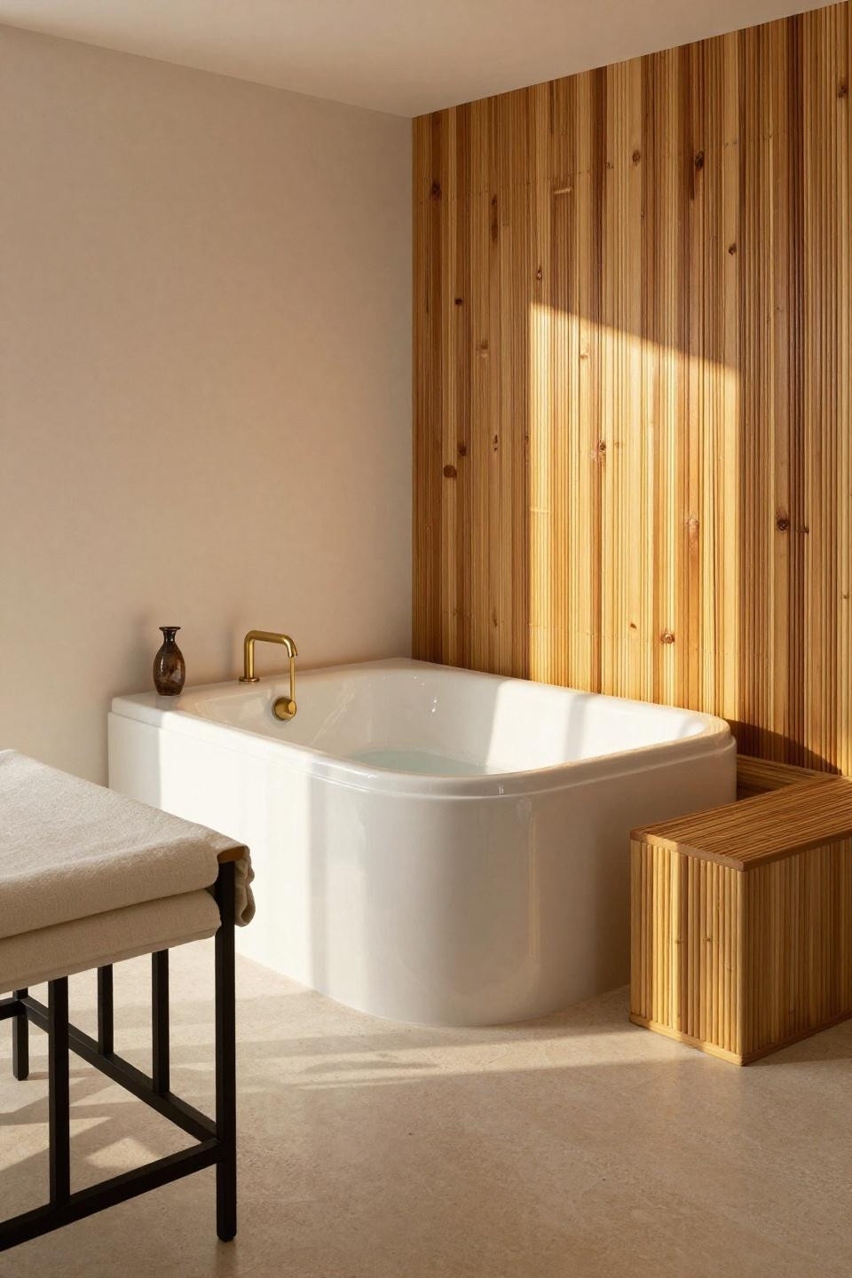 Small Master Bath - hinoki wood tub surround with white ceramic hand-washing nook