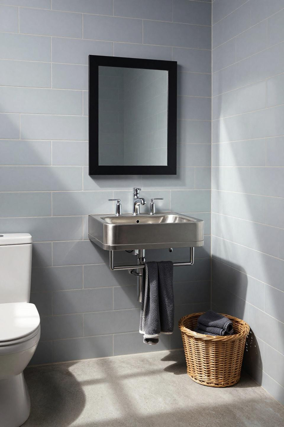 Small Master Bath - stainless steel shelf-sink hybrid with integrated blackened steel mirror frame
