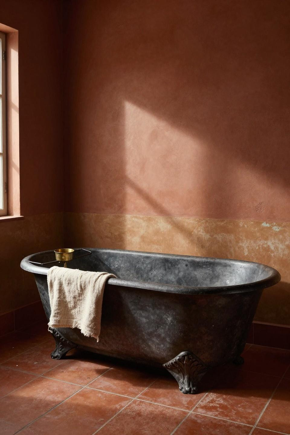 Master Bath Design - cast-iron soaking tub with aged patina