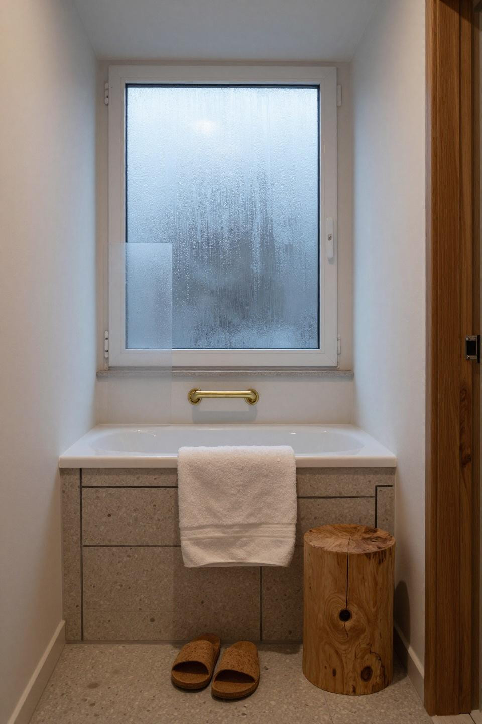 Small Master Bath - compact cedar soaking tub recessed into narrow alcove beneath transom window