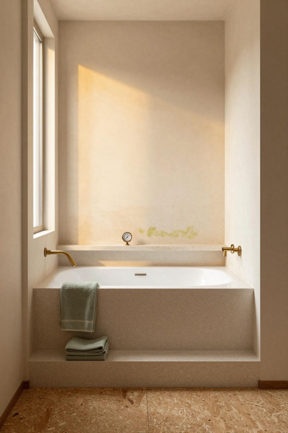 Japandi Bathroom - terrazzo soaking tub in recessed alcove