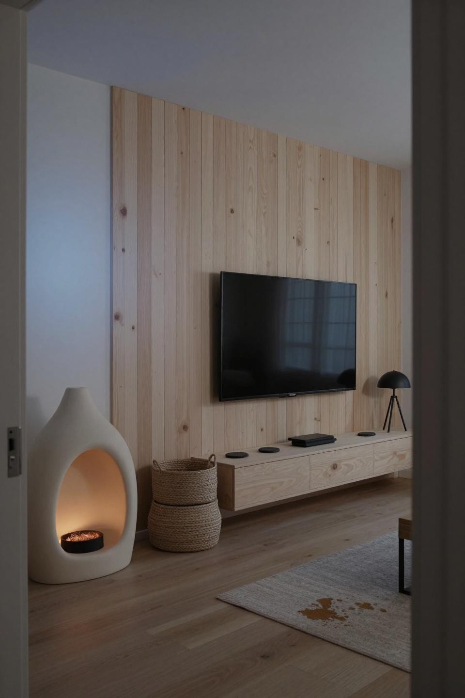 Living Room Media Wall Ideas - whitewashed plywood vertical slats
