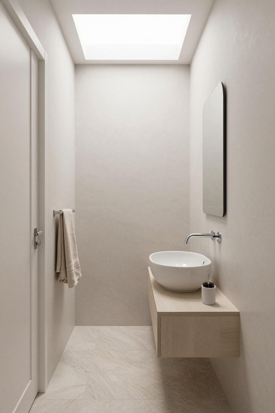 Small Master Bath - floating ceramic vessel sink on pale ash ledge in all-white narrow bathroom