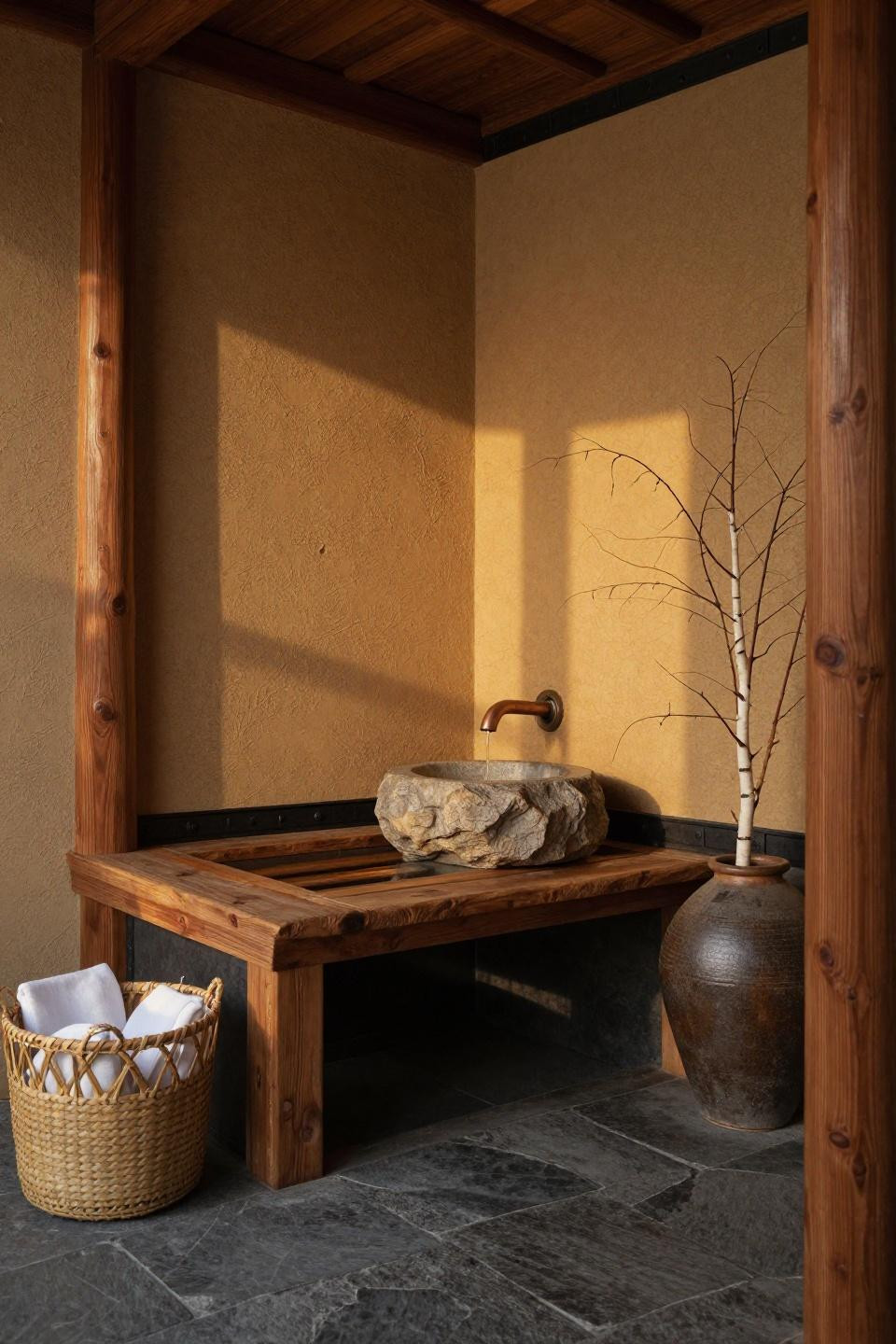 Japandi bathroom - sunken timber-framed tub with ochre clay walls