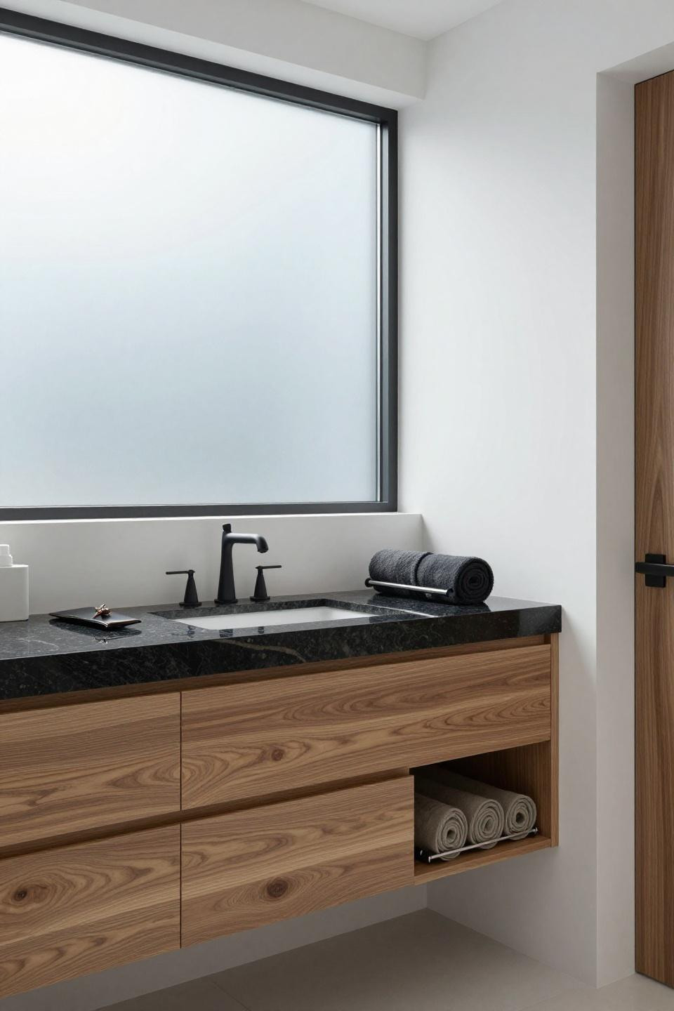 Bathroom Aesthetic - Japandi walnut floating vanity with black granite
