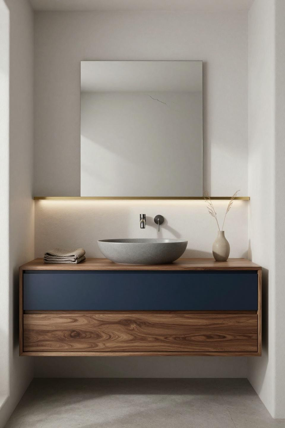 Japandi bathroom - floating walnut vanity with navy drawers and ceramic sink