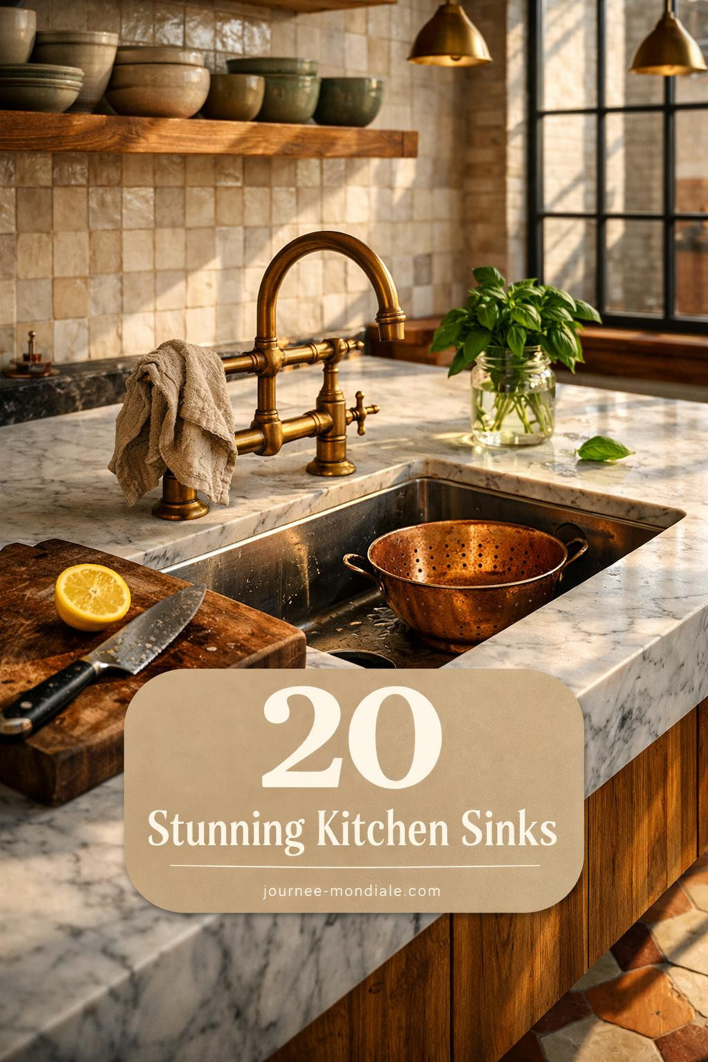 Undermount stainless steel sink in beige kitchen with modern design, brass faucet, white countertops and open shelving
