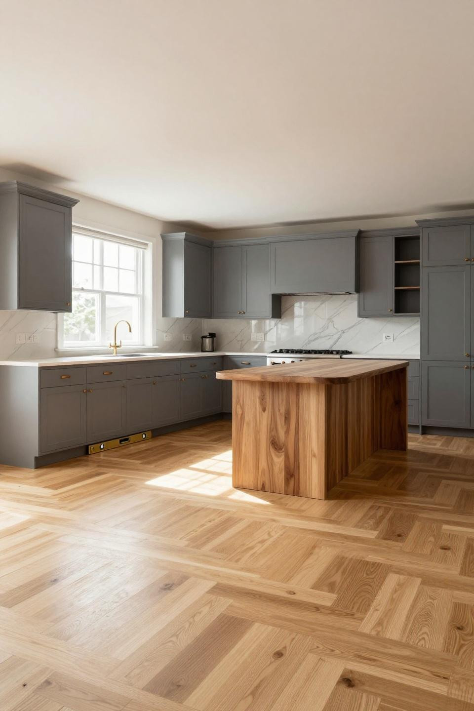 earthy kitchen - light oak chevron parquet creating diagonal rhythm