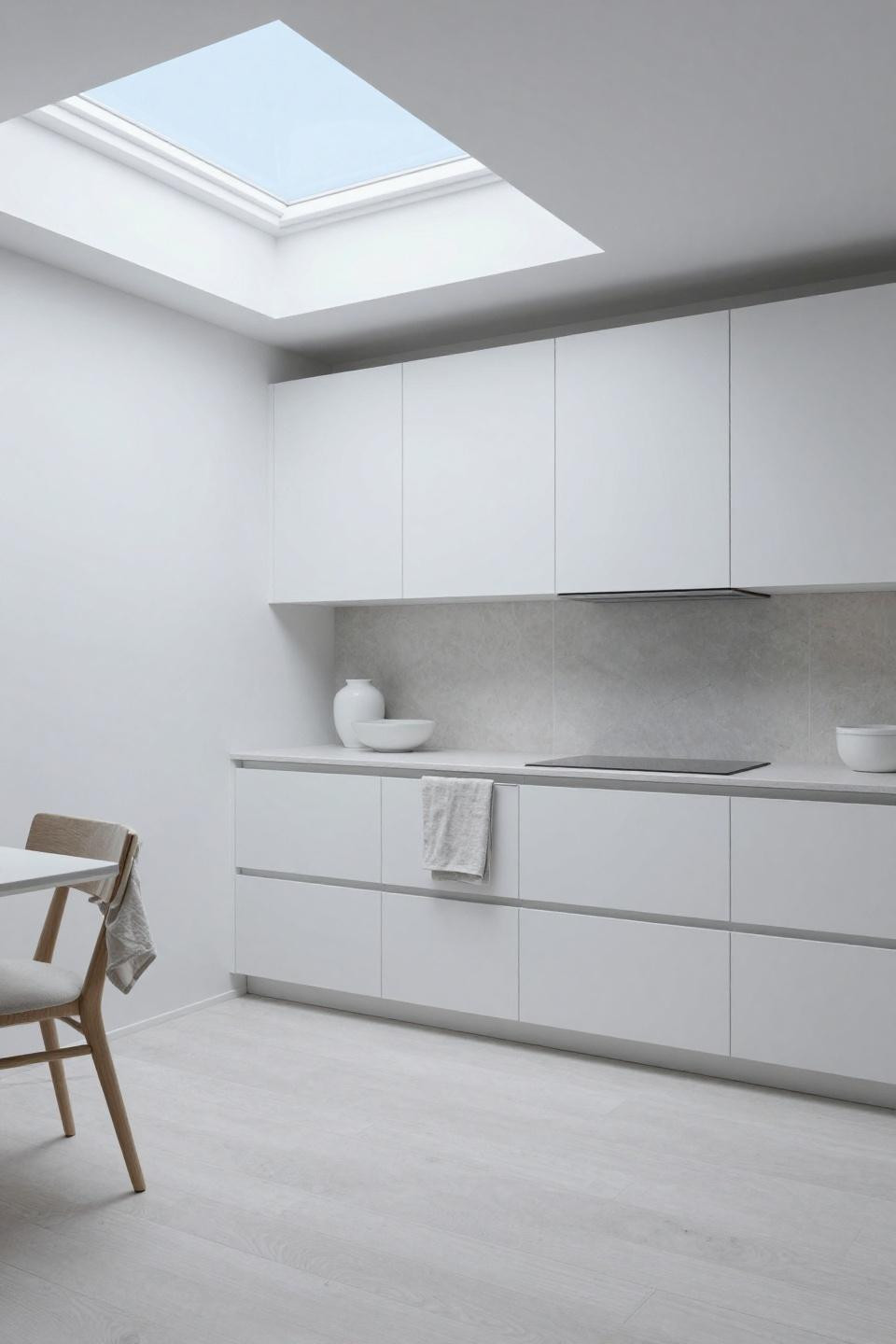 open kitchen - limestone tiles transitioning to white birch hardwood