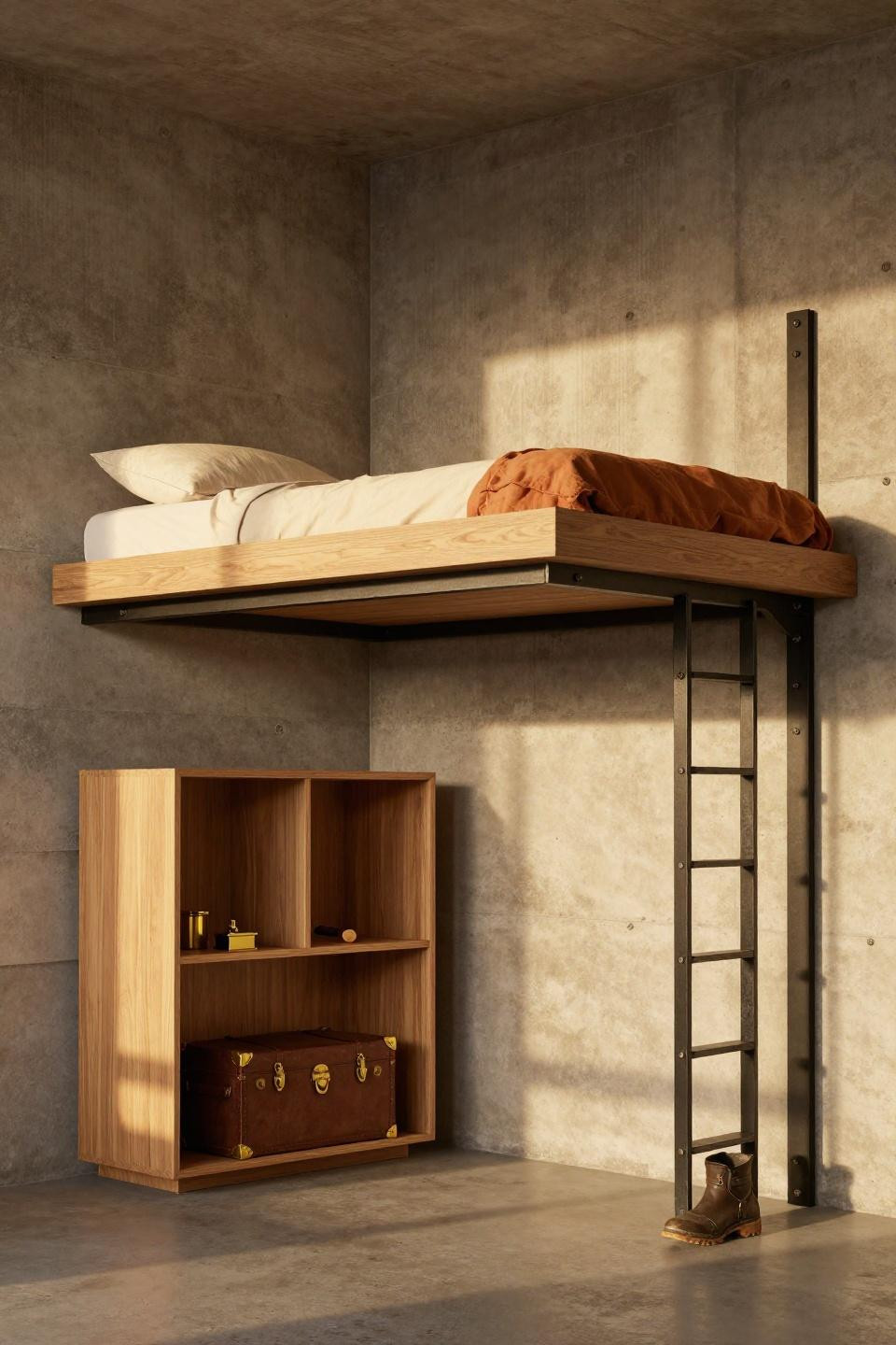 Loft Bed Ideas For Small Rooms Aesthetic - floating oak platform with steel brackets