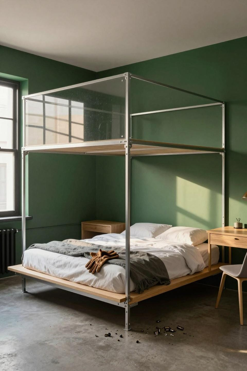 Loft Bed Ideas Aesthetic - steel frame loft bed with forest green wall