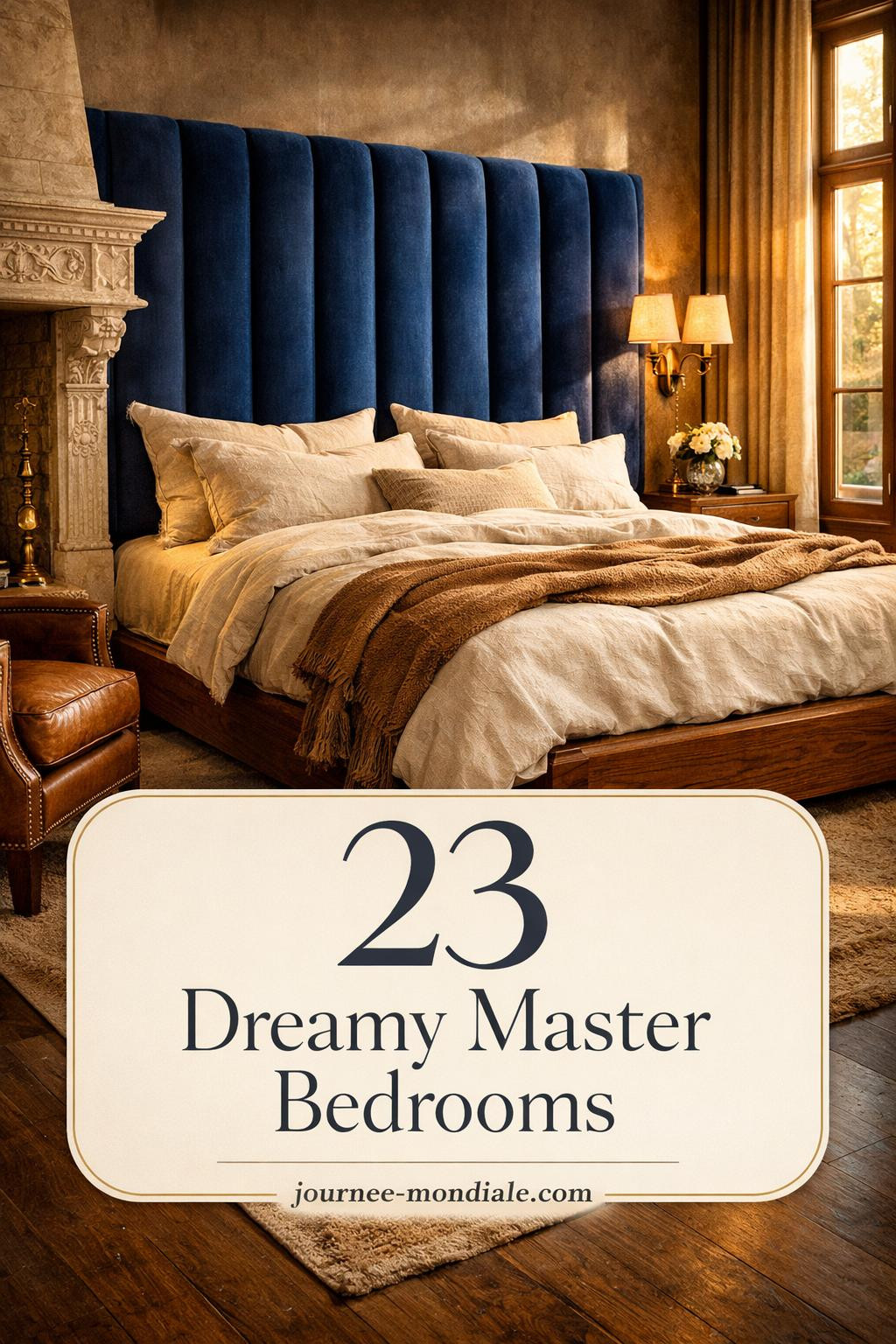 Romantic master bedroom featuring plush velvet bedding, crystal chandelier, tufted headboard, soft ambient lighting, elegant drapes, and cozy luxury textures