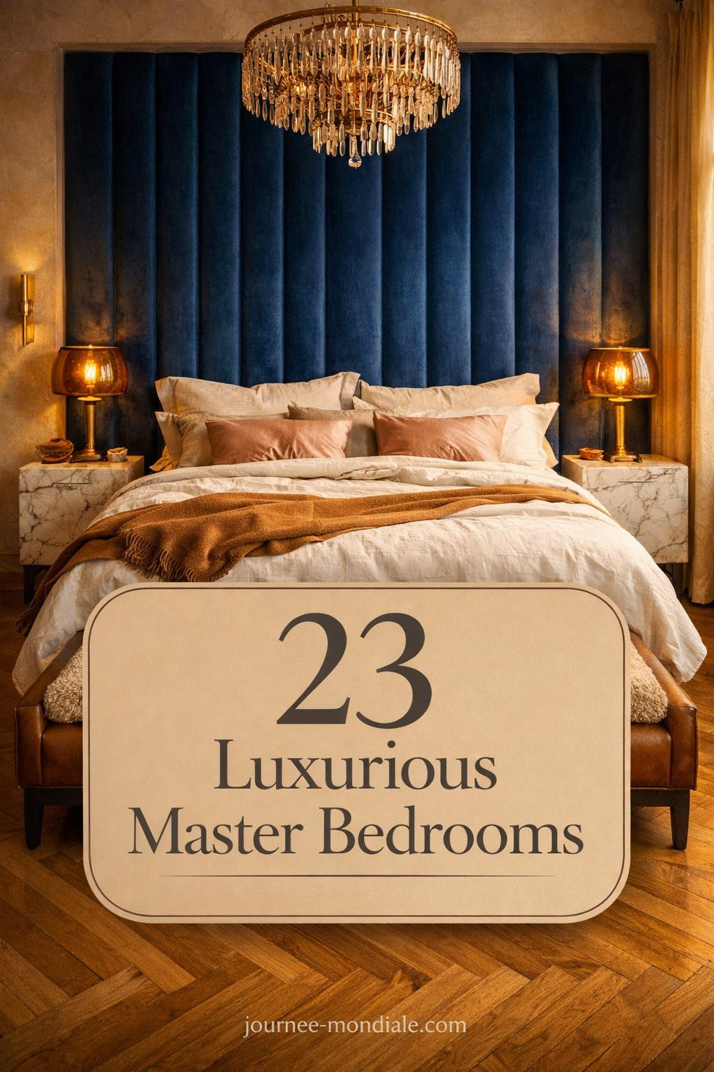Elegant master suite featuring plush bedding, soft ambient lighting, rich textures, and sophisticated decor elements
